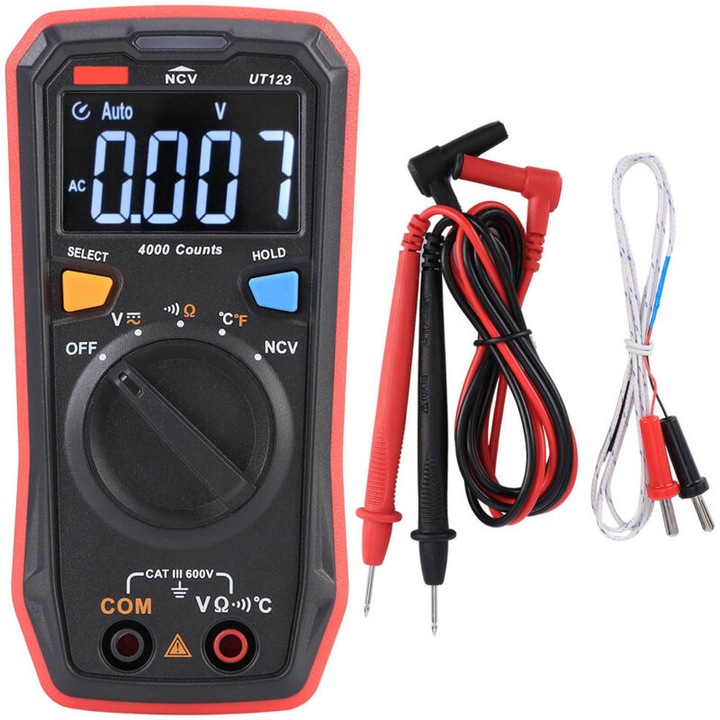 Multimetru digital UT123, testare AC/DC, rezistenta, frecventa, detectie NCV, display color, dimensiuni compacte