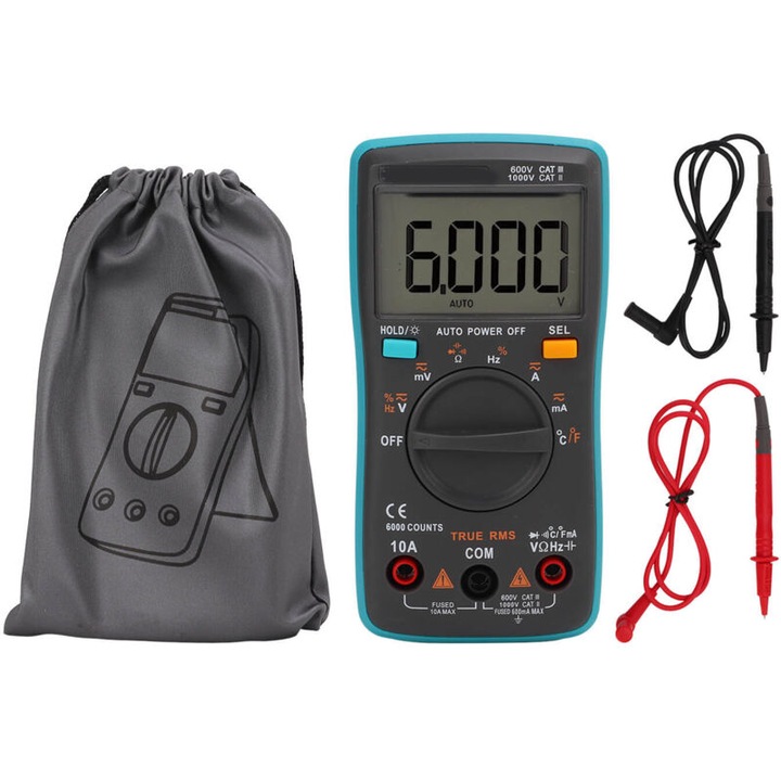 Multimetru digital auto-ranging, masurare AC/DC, rezistenta, capacitate, temperatura, 102-6000, 10x15x22cm