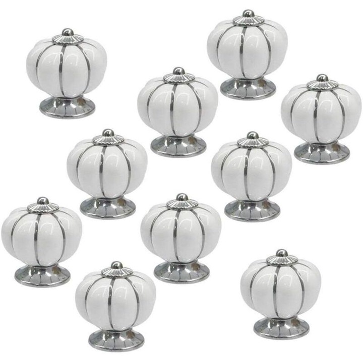 Set 10 manere rotunde ceramice albe pentru mobila, finisaj crom, 40x40mm