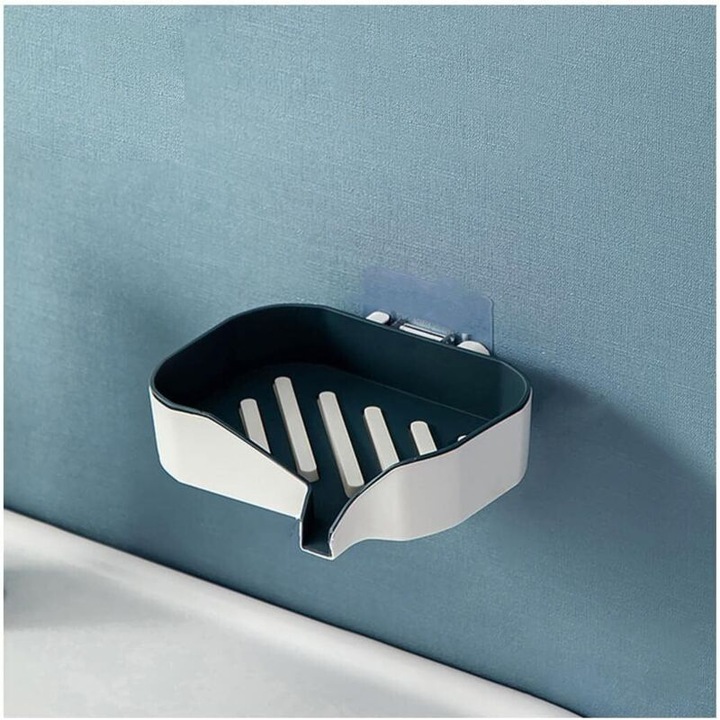Suport pentru sapun, albastru si alb, 13x9x3cm, montare pe perete