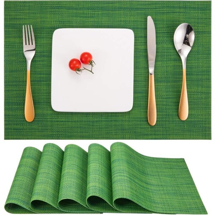 Set de 6 servete din PVC tesut, rezistente la caldura, antiderapante, 30x45cm, verde