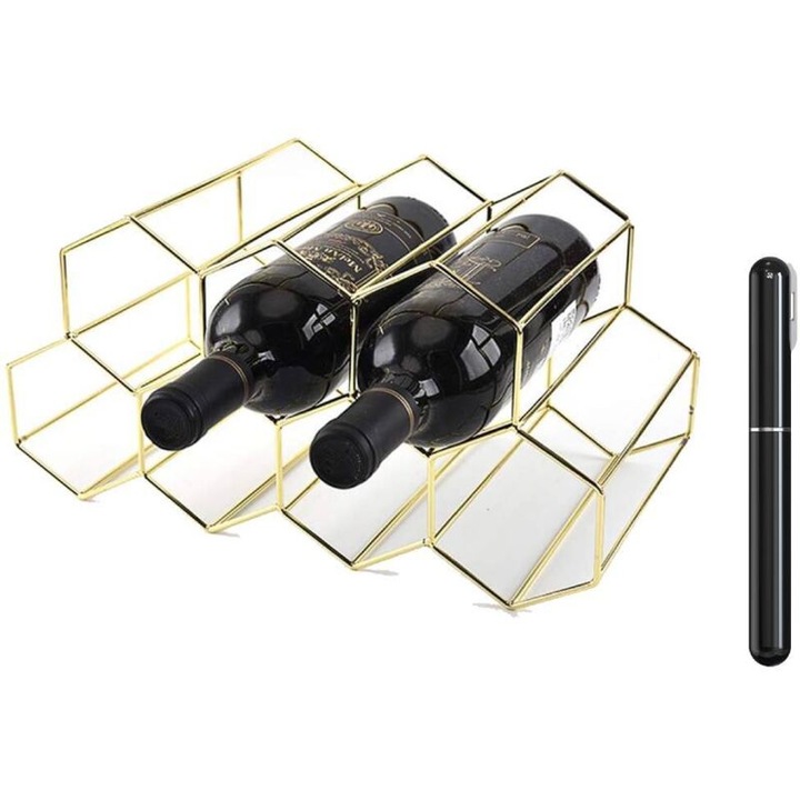 Suport metalic pentru vin, 9 sticle, design geometric, 34x19x18cm, auriu
