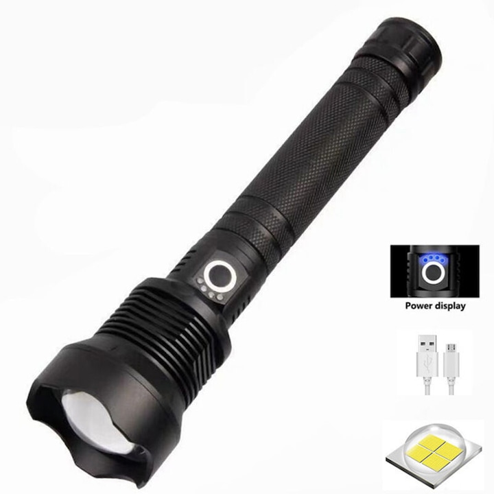 Lanterna LED 120000 lumeni USB 26650 rezistenta la apa si socuri, aluminiu anodizat, negru