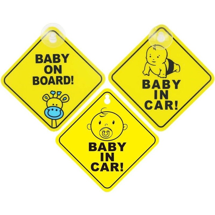 Set autocolante "Baby on Board", 3 piese, PVC, 12x12cm, multicolor