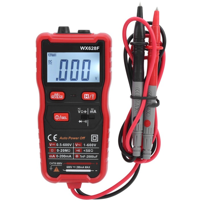 Multimetru digital WX628F, ecran LCD iluminat, masuratori DC/AC, detectie tensiune fara contact, dimensiuni compacte