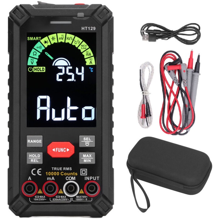 Multimetru digital inteligent, display dual 4.9 inch, iluminare LED, protectie cauciuc, masurare AC/DC, set