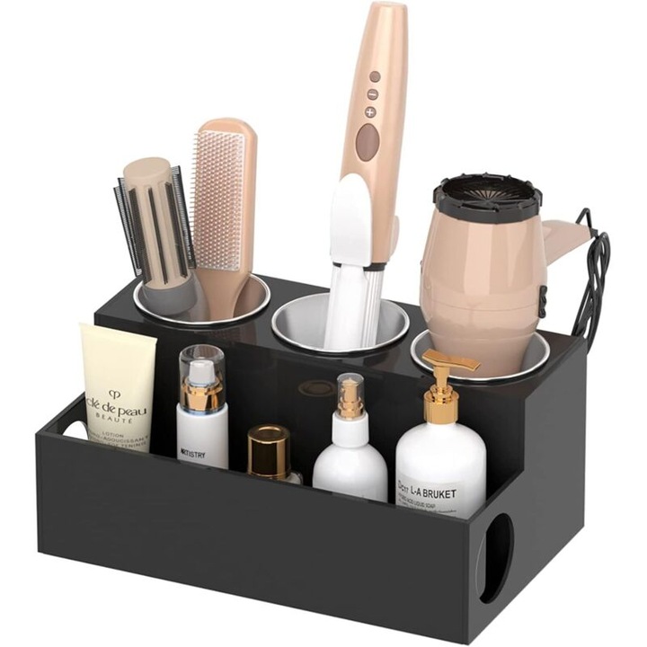 Suport organizator pentru unelte de coafat, 3 cupe din otel inoxidabil, acrilic negru, design compact