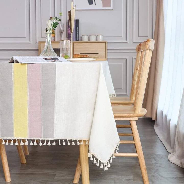 Téglalap alakú asztalterítő 140x200cm pamut és len keverék színes csíkos foltálló