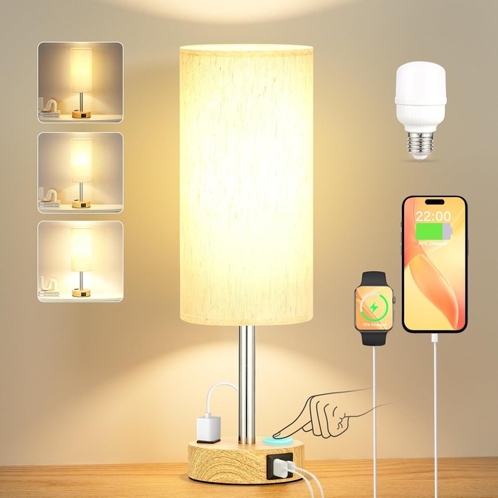 Kakanuo asztali lámpa, érintésvezérlés, 3 fényerőfokozat, USB A+C portok és aljzat, 35.5 x 11.3 cm, E27 foglalat, textil lámpaernyő, fa + fém talp, krémfehér szín