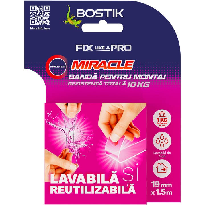 Banda dublu adeziva reutilizabila Bostik, 19mmx1.5m, pentru interior, transparent