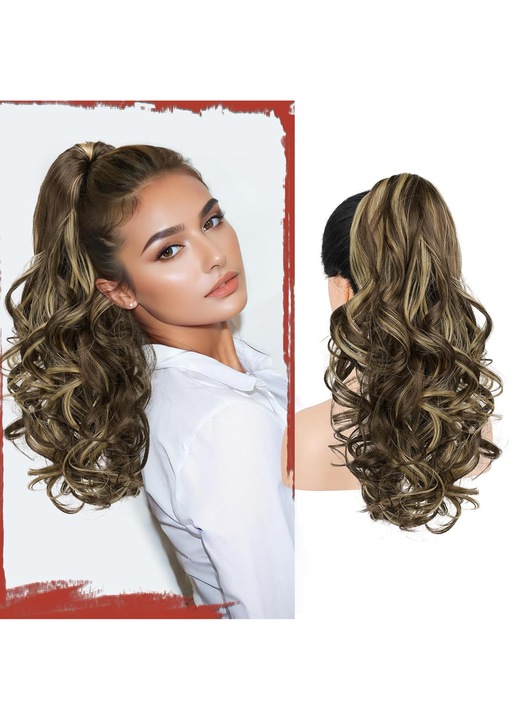 Extensie coada par Sofeiyan, 43 cm, ondulat, prindere cleste, fibra sintetica, culoare Saten deschis cu suvite blond cenusiu