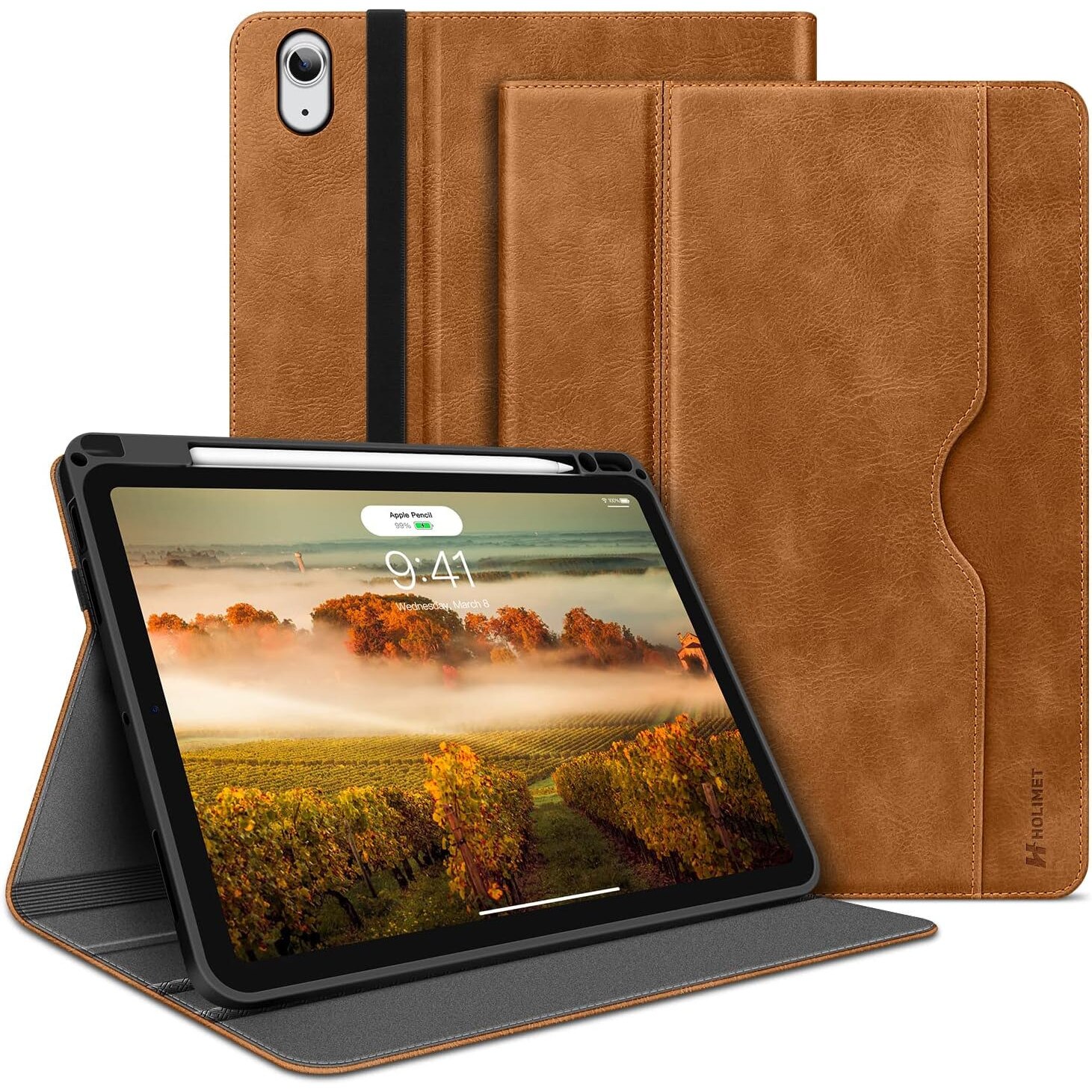 Husa tableta HOLIMET pentru iPad Air 11 inch / 10.9 inch, suport stilou, functie auto sleep/wake, stand reglabil multi-unghi, buzunar documente, TPU + piele ecologica, culoare Maro