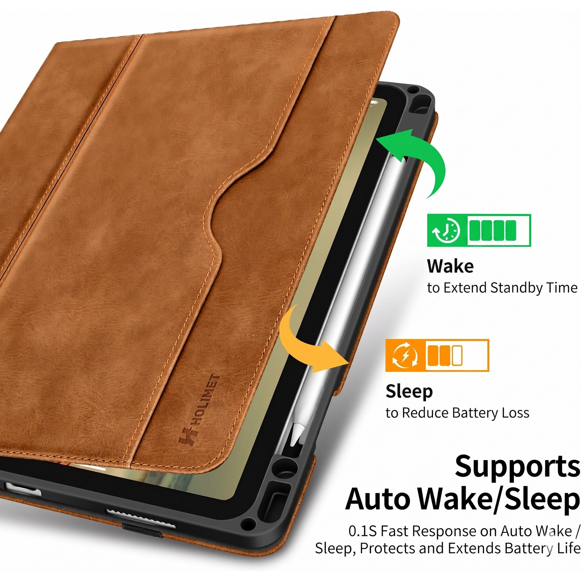 Husa tableta HOLIMET pentru iPad Air 11 inch / 10.9 inch, suport stilou, functie auto sleep/wake, stand reglabil multi-unghi, buzunar documente, TPU + piele ecologica, culoare Maro