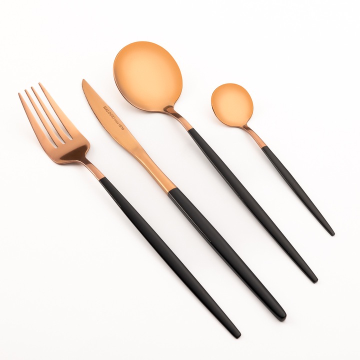 Set tacamuri 24 piese inox 18/10, rose gold cu maner negru, 6 persoane