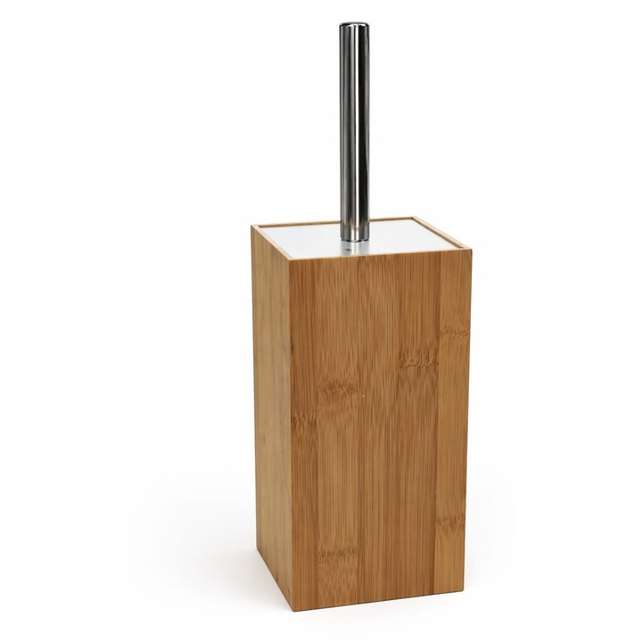 Perie WC cu suport din bambus si maner inox – set elegant pentru baie, design modern
