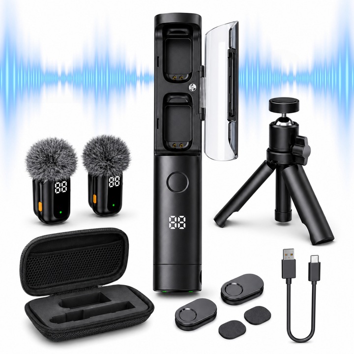 Mini Microfon Wireless Lavalier Element-x ®, 2 Microfoane, 2.4G, Display LED, Reducere Zgomot, Trepied Inclus, Negru Lucios