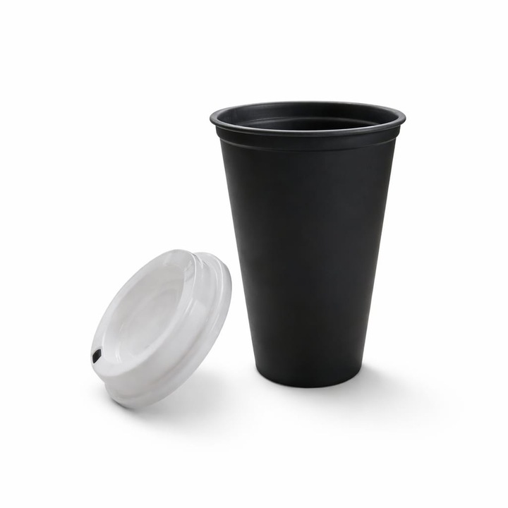 Pahar pentru bauturi calde cu capac, reutilizabil, plastic rigid, practic si rezistent