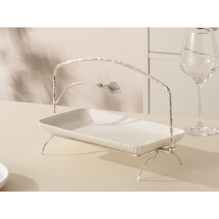 Platou Servire din portelan alb cu Suport Metalic argintiu - 34.6 cm