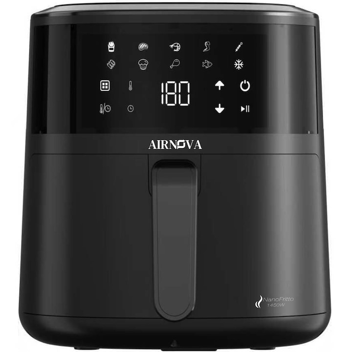 Air fryer AIRNOVA® NanoFritto 1450W, Capacitate 4.8L, Friteuza cu aer cald automata, 10 programe presetate, Control digital, Negru