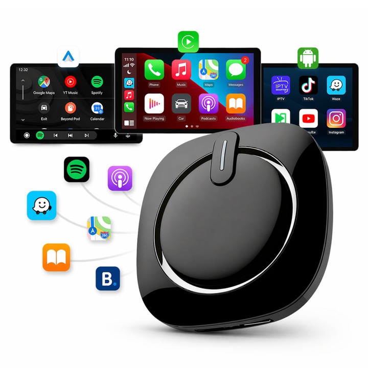Adaptor wireless CarPlay/Android Auto AI Box BMW Element-x ®, Android 13, You Tube, Netflix, Qualcomm SM6125 Octa-core, 8GB RAM, 128GB, 4G SIM, Wi-Fi Dual-Band, split screen, slot TF, GPS Integrat, USB-C, Negru