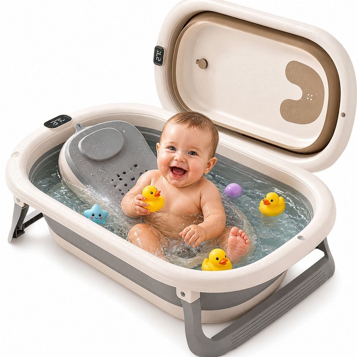 Cadita Bebe Pliabila cu Suport Ergonomic Antiderapant, Design Compact, Pliere Rapida, Economisire Spatiu, Portabila, Cadita Baie Copii, Cadita Bebelusi Sigura si Practica, Usoara, Rezistenta, Ideala Acasa si Calatorii + Jucarie Cauciuc Cadou
