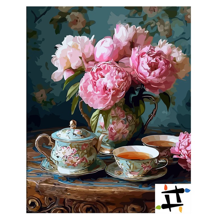 Set pictura pe numere Gradina intr-o Ceasca 6656, 40x50 cm, panza bumbac, include 3 pensule si vopsea acrilica