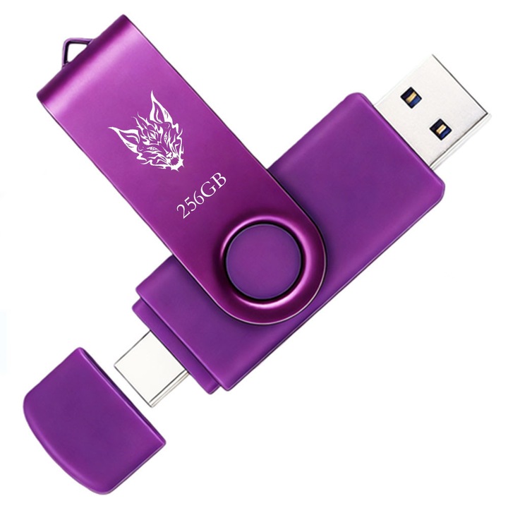USB 2 az 1-ben Type-C/USB-A memória, fém, USB 3.0, 100 MB/s olvasási és 60 MB/s írási sebességgel, lila, 256 GB