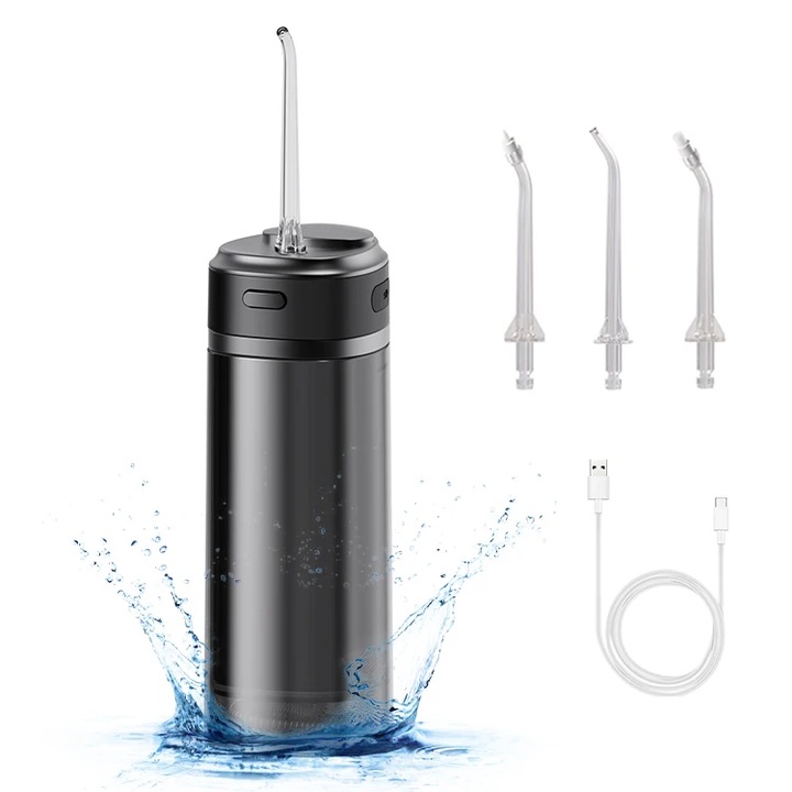Irigator Bucal tip Dus Bucal Portabil, IVISMILE® Oral Care, 1600 pulsatii/min, 3 Programe, Personalizare Pulsatii, Rezervor pliabil 250ml, 3 Duze profesionale, Protectie supraincalzire, Pompa silentioasa, Baterie 2500mA, Materiale non-toxice, Negru