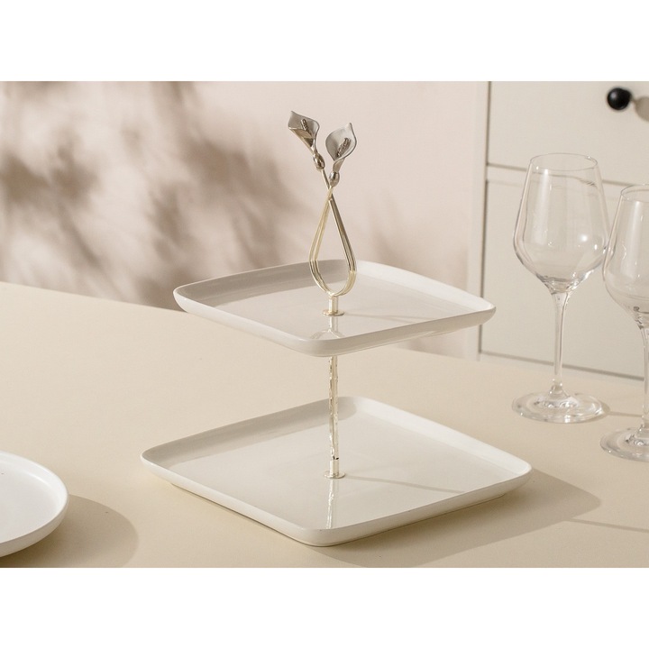 Platou etajat patrat Candy Bar din Portelan cu Suport Metalic - 32 cm