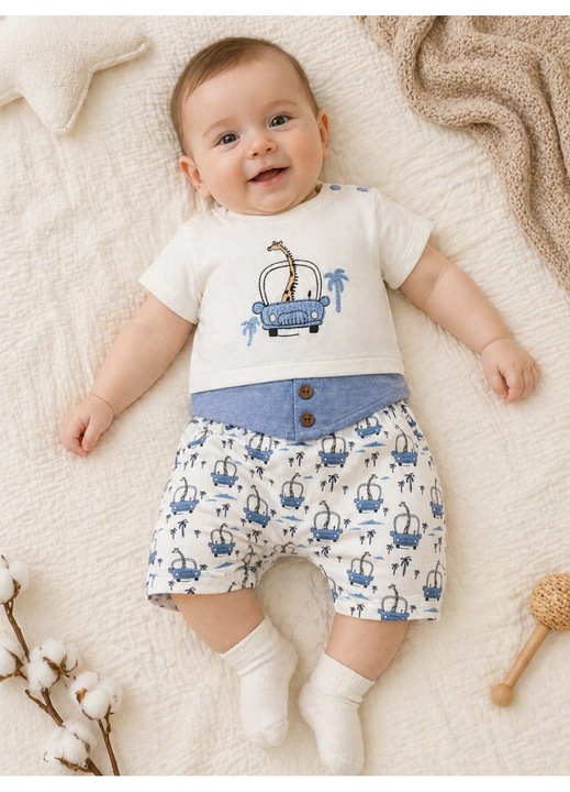 Set haine bebe baiat 2 piese bumbac premium – tricou si pantaloni scurti albastri cu girafa, 0-3 luni, Baieti