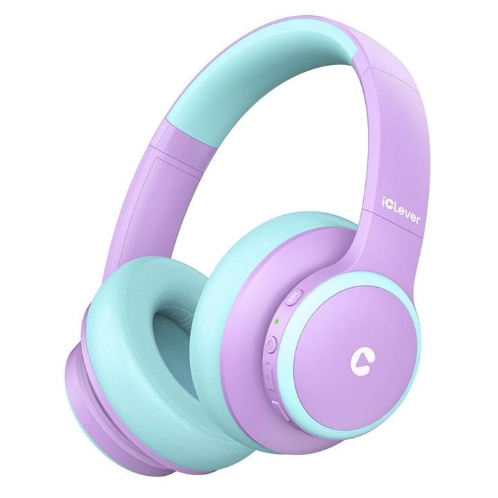 iClever BTH26 fejhallgató, Aktív zajszűrés, 60 óra lejátszási idő, Biztonságos hangerő 80dBA, Gyors töltés C típusú, Bluetooth 5.4, Lila szín