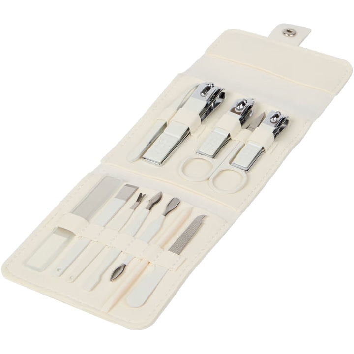 Set Manichiura si Pedichiura Complet, Aloro®, 12 Piese din Otel Inoxidabil, Etui din Piele Ecologica, Instrumente pentru Taiat, Pilit si Curatat, Alb