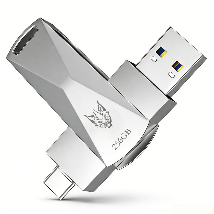 USB memória 256 GB, forgatható fém ház, olvasási sebesség 100 MB/s, írási sebesség 60 MB/s, ezüst