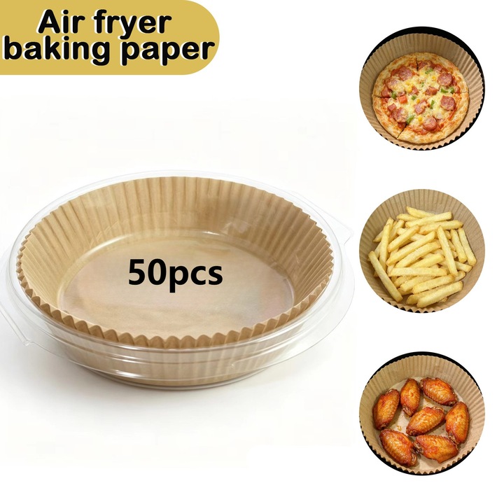 Hartie pentru Air Fryer 50 buc, Rotunda, Antiaderenta, Rezistenta la 220°C, De Unica Folosinta, Cutie din Plastic pentru Depozitare Usoara, Mentine Cosul Curat, Accesorii Bucatarie