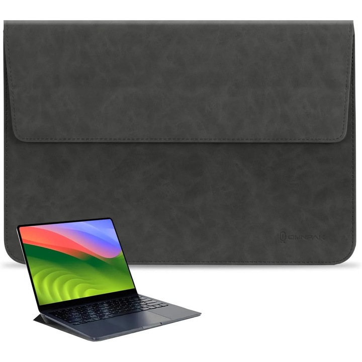 Husa laptop 13,6", design multifunctional, piele de caprioara, rezistenta la apa, culoare neagra