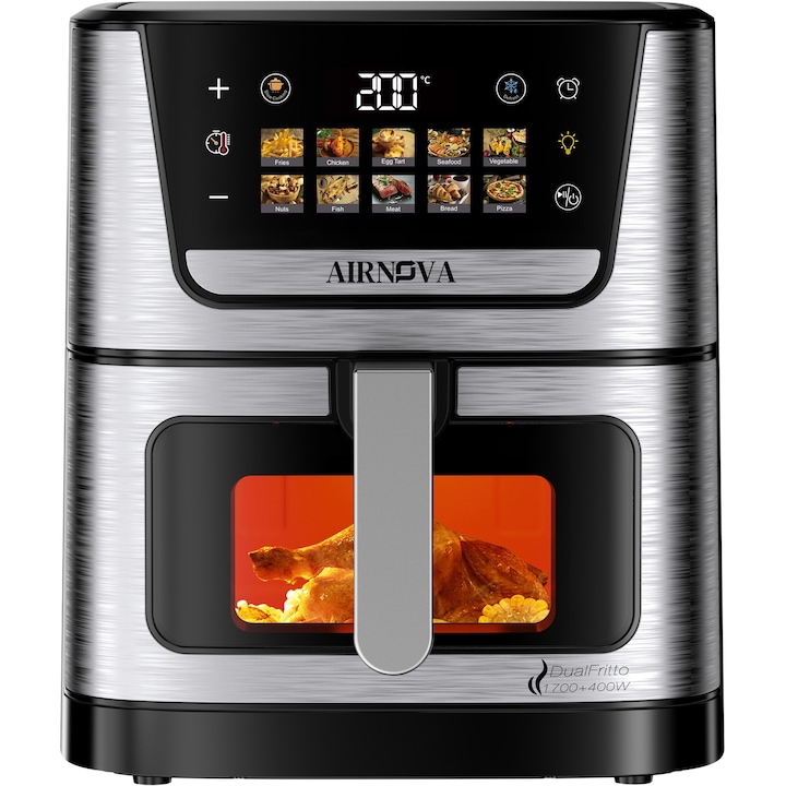 Air fryer AIRNOVA® DualFritto 2100W (1700W sus si 400W jos), Capacitate 9L, Friteuza cu aer cald, Afisaj Digital Touch Direct, Incalzire Dubla Sus + Jos, Friteuza cu Aer Cald, Inox