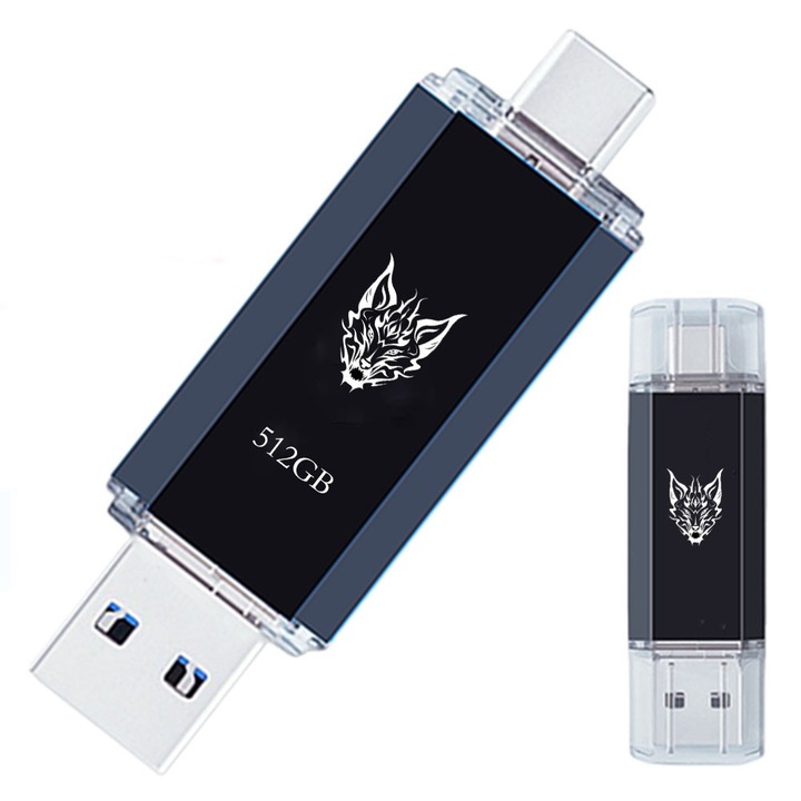 Kétoldalas USB 3.0 OTG memória, USB-C fém vízálló pendrive, olvasási sebesség 100 MB/s, írási sebesség 60 MB/s, 512GB, Fekete