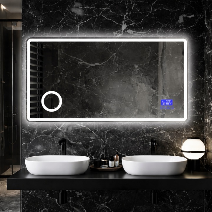 Oglinda de Baie cu LED FUTURA, Model PRESTIGE PRO 120x80 cm, Bluetooth, Ceas Digital, Buton ON/OFF Iluminare in 3 Nuante Neutru/Rece/Cald, Lupa Cosmetica, Anti-aburire, Protectie IP44