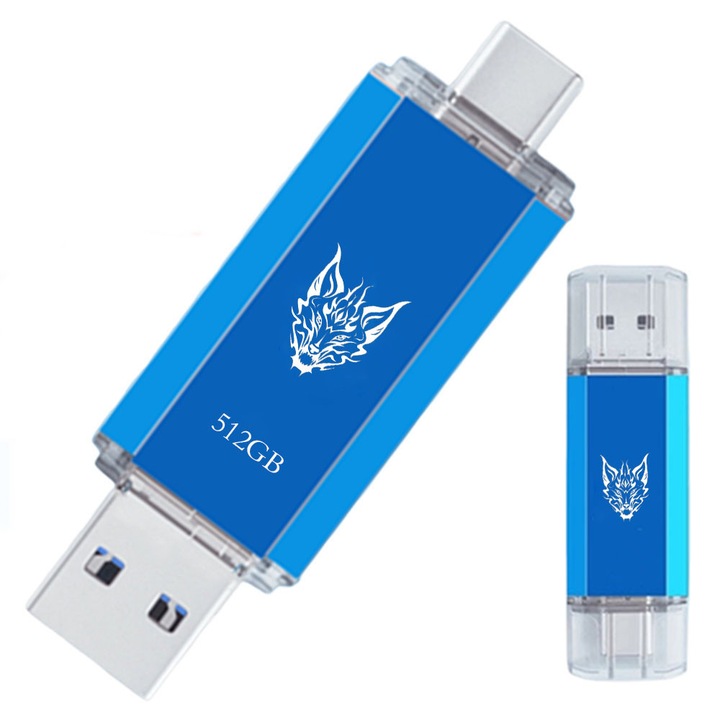 USB 3.0 memória, 512 GB, olvasási sebesség akár 100 MB/s, írási sebesség 60 MB/s, fém, vízálló, kék