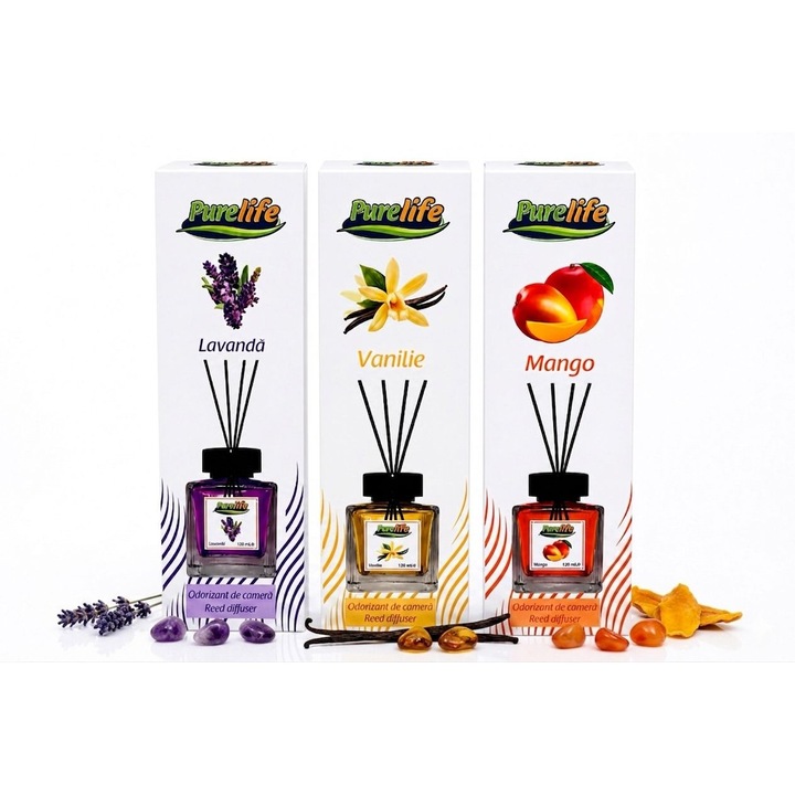 Set 3 odorizante camera Purelife, Lavanda + Vanilie + Mango, 120 ml, parfum intens persistent, difuzor betisoare, set economic, ideal cadou