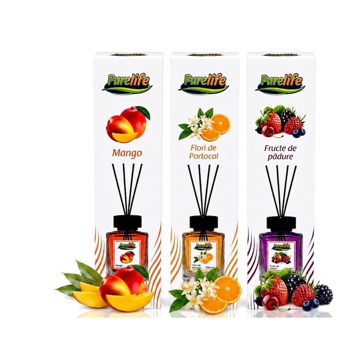 Set 3 odorizante camera Purelife, Mango + Flori de portocal + Fructe de padure, 120 ml, parfum fresh persistent, difuzor betisoare, set economic, ideal cadou