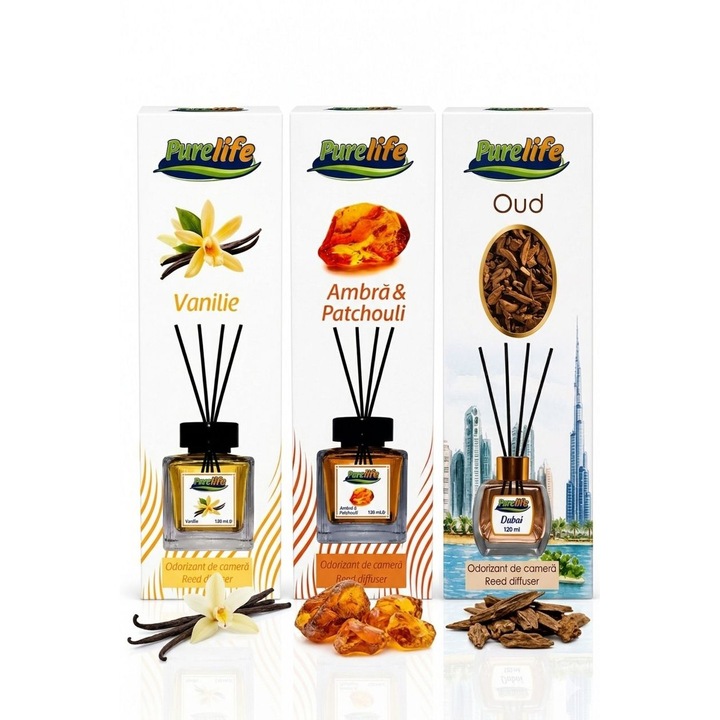 Set 3 odorizante camera Purelife, Oud + Ambra Patchouli + Vanilie, 120 ml, parfum intens persistent, difuzor betisoare, set premium