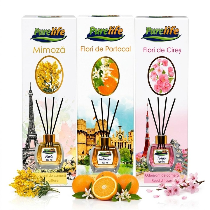 Set 3 odorizante camera Purelife, Flori de cires + Mimoza + Flori de portocal, 120 ml, parfum floral delicat, difuzor betisoare, ideal cadou