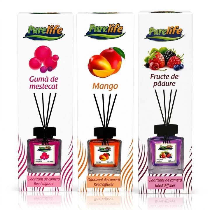 Set 3 odorizante camera Purelife, Guma de mestecat + Mango + Fructe de padure, 120 ml, parfum dulce si persistent, difuzor betisoare, set economic