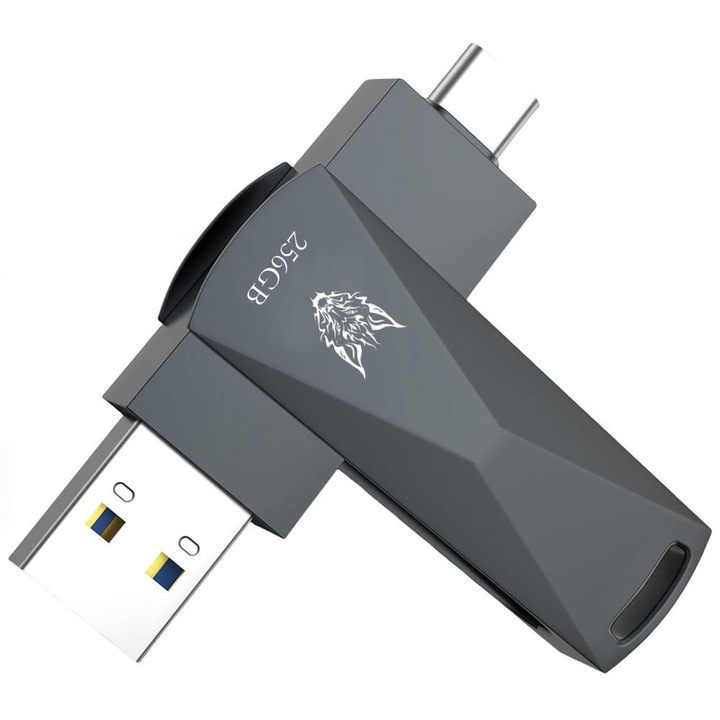 Memorie USB 256GB, 2-in-1 USB-C USB-A, negru, 65x19x9mm