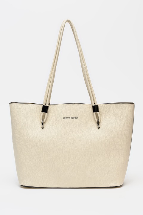 Pierre Cardin, Geanta shopper din piele ecologica cu imprimeu logo discret, Crem