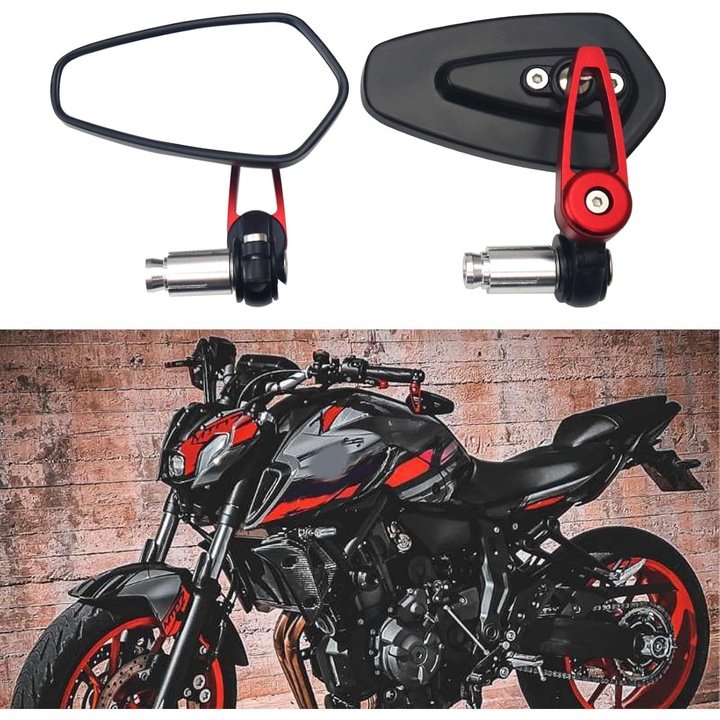 Oglinzi Moto din Aluminiu CNC – Reglabile 360°, Design Universal pentru Motociclete Sport, Naked, Touring si Scooter, Compatibile cu Ghidon 22 mm (7/8”), Honda, Kawasaki, Suzuki, Yamaha, Ducati, Triumph, BMW, KTM, Negru-Rosu