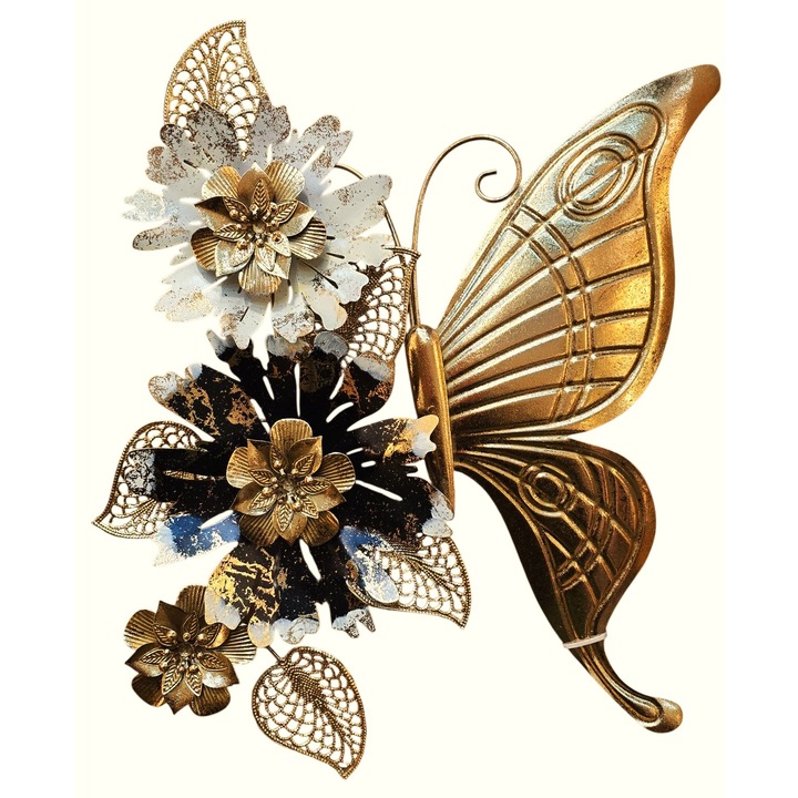 Tablou decorativ metalic elegant, design 3D floral cu fluturas, Auriu negru cu bej, 53 x 43 x 3 cm