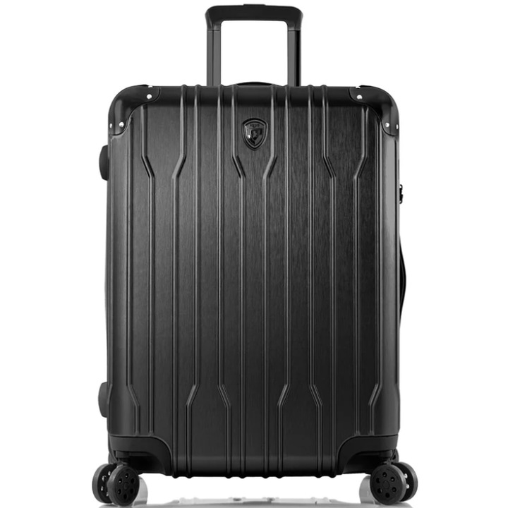 Troler Mediu de Cala, Heys Xtrak, 66x45x29.5 cm, 4.2 kg, Extensibil 20%, Policarbonat compozit usor, Cifru Incastrat, 4 Roti Duble 360° Spinner, Negru
