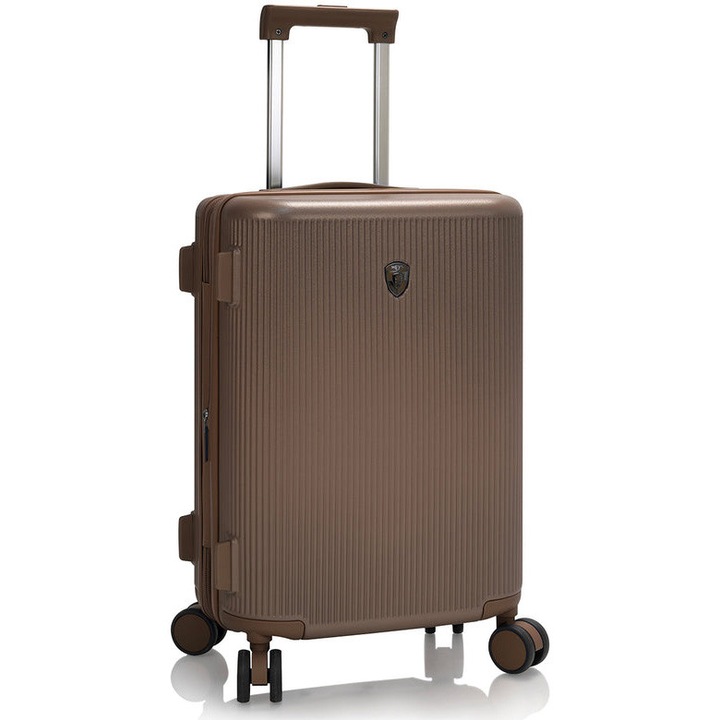 Troler Mediu de Cala, Heys Earth Tones, 66x43x26 cm, 4.2 kg, Extensibil 20%, 100% Policarbonat pur usor, Cifru Incastrat, 4 Roti Duble 360° Spinner, Maro Pamantesc